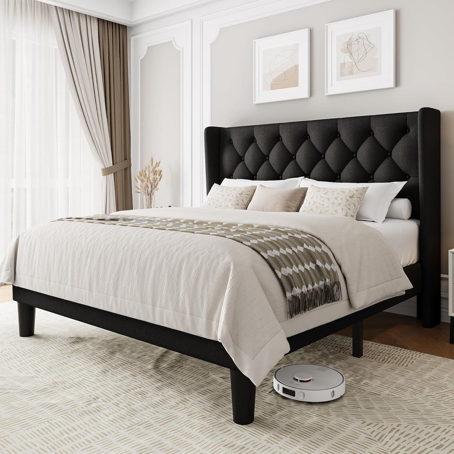 Queen Size Upholstered Bed Frame with Wingback Headboard, Fabric Linen Platform Bed, 8" Under Bed Storage, Wooden and Me