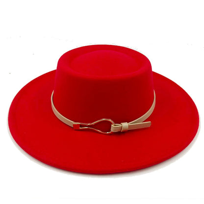 Acessórios femininos de fivela de couro metal com chapéu de feltro de pele com top côncavo e convexo, chapéu fedora e conjunto de bolsa combinando, estilo retrô