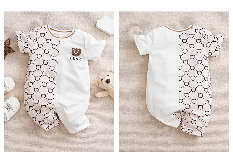 Roupas de Recém-Nascido Macacão de Ursinho de Pelúcia Desenho Animado Patchwork Confortável e Macio Verão Meninos e Meninas 0-18 Macacão de Bebê Manga Curta