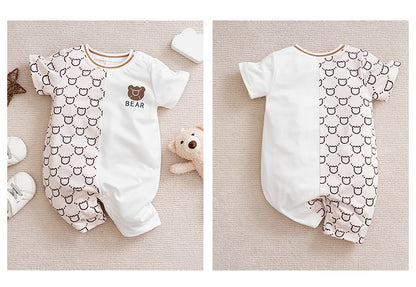 Roupas de Recém-Nascido Macacão de Ursinho de Pelúcia Desenho Animado Patchwork Confortável e Macio Verão Meninos e Meninas 0-18 Macacão de Bebê Manga Curta