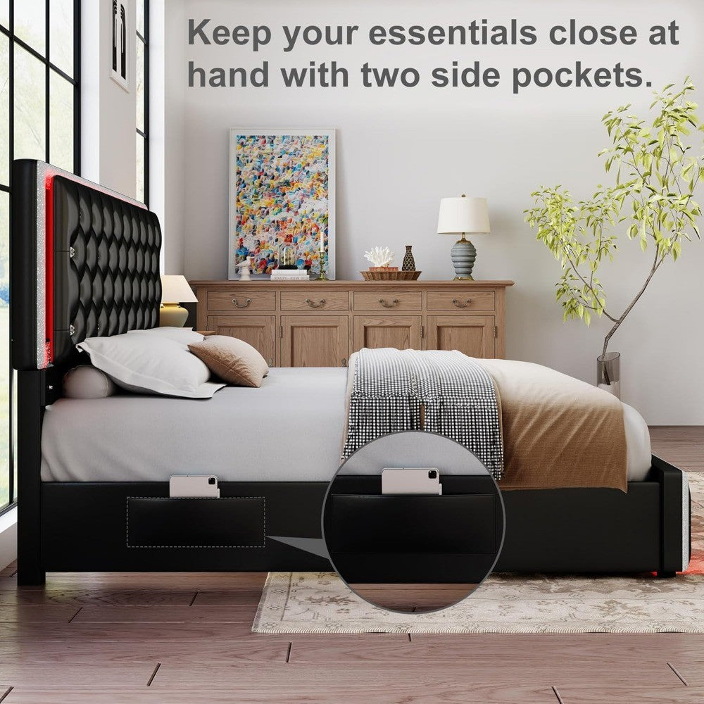 LED Bed Frame with 2 Drawers, PU Leather Platform Bed with Diamond Tufted Headboard Footboard and 2 Side Pockets, M