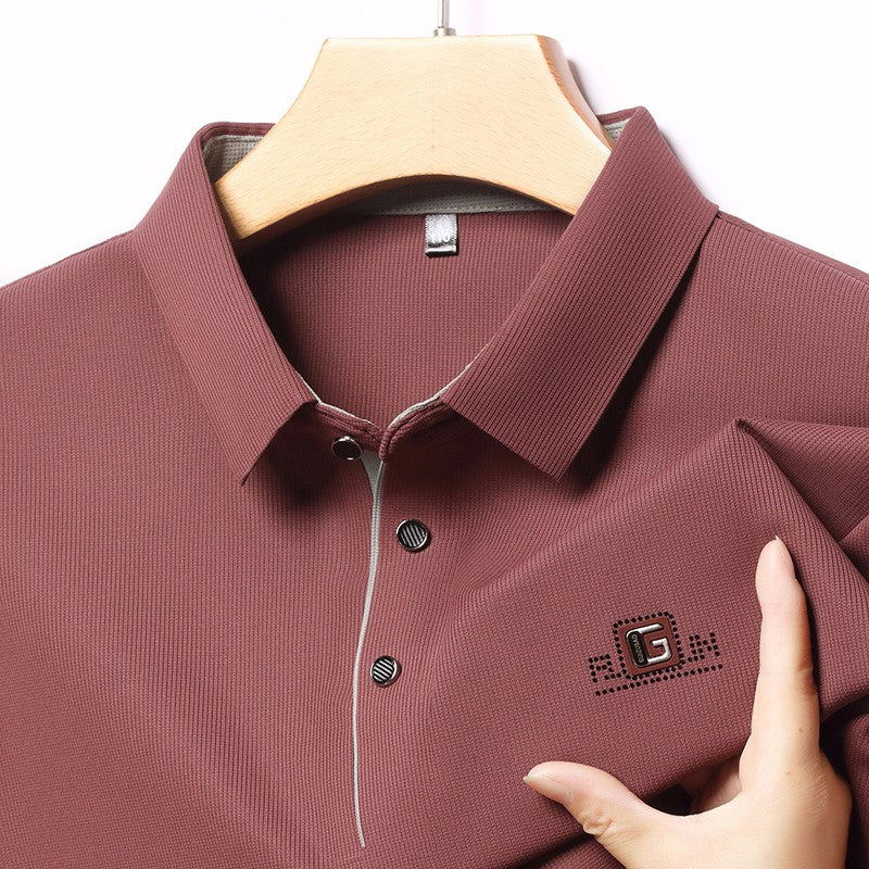 New Men's Business Casual Long Sleeved Shirt with Badge Solid Color Polo Shirt Fashionable Breathable Comfortable Versatile Top