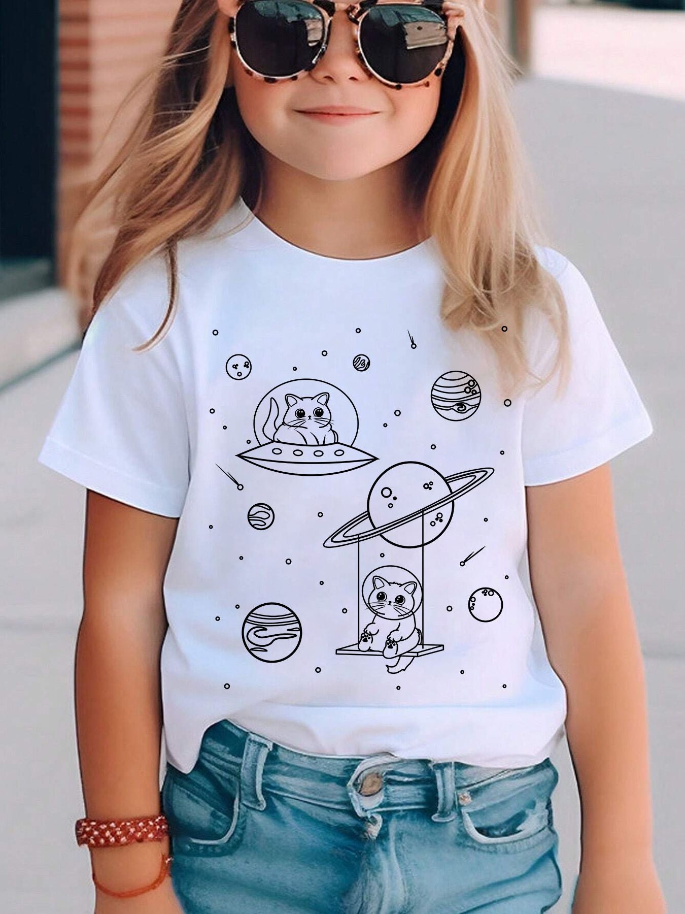 Camiseta Estampada Gato Espacial para Crianças Meninas Meninos Moda Casual Blusas Espaciais Menina Menino Camiseta Gato Fofo Roupa Infantil