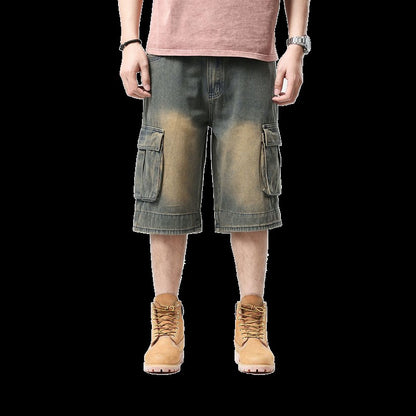 ABOORUN Mens Plus Size Loose Baggy Denim Shorts Fashion Streetwear Hip Hop Skateboard Cargo Jeans Short for Male R1402