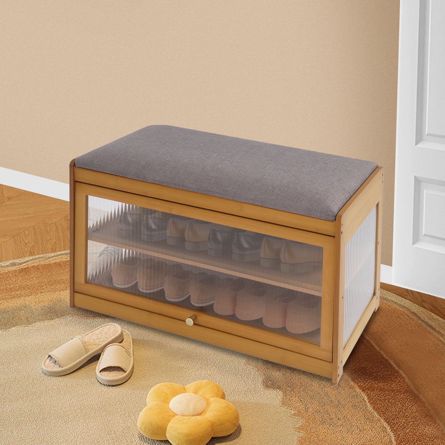 Brown Entryway Shoe Bench Shoe, Rack Bench with Cushion, Modern Hallway Sitting Stool for Home, Living Room, Porch