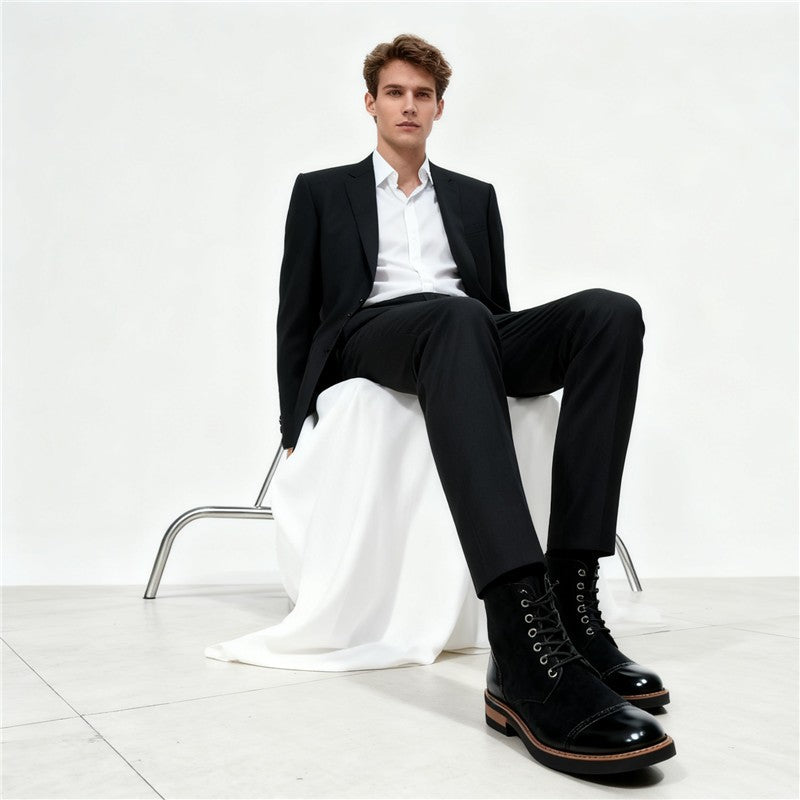 Men's Leather Lace - up Ankle Boots Retro Color - Block Formal Casual Boots Comfortable Non - slip Dress Boots For Daily Wear