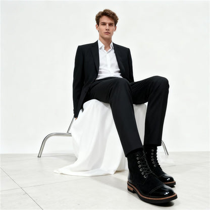 Men's Leather Lace - up Ankle Boots Retro Color - Block Formal Casual Boots Comfortable Non - slip Dress Boots For Daily Wear