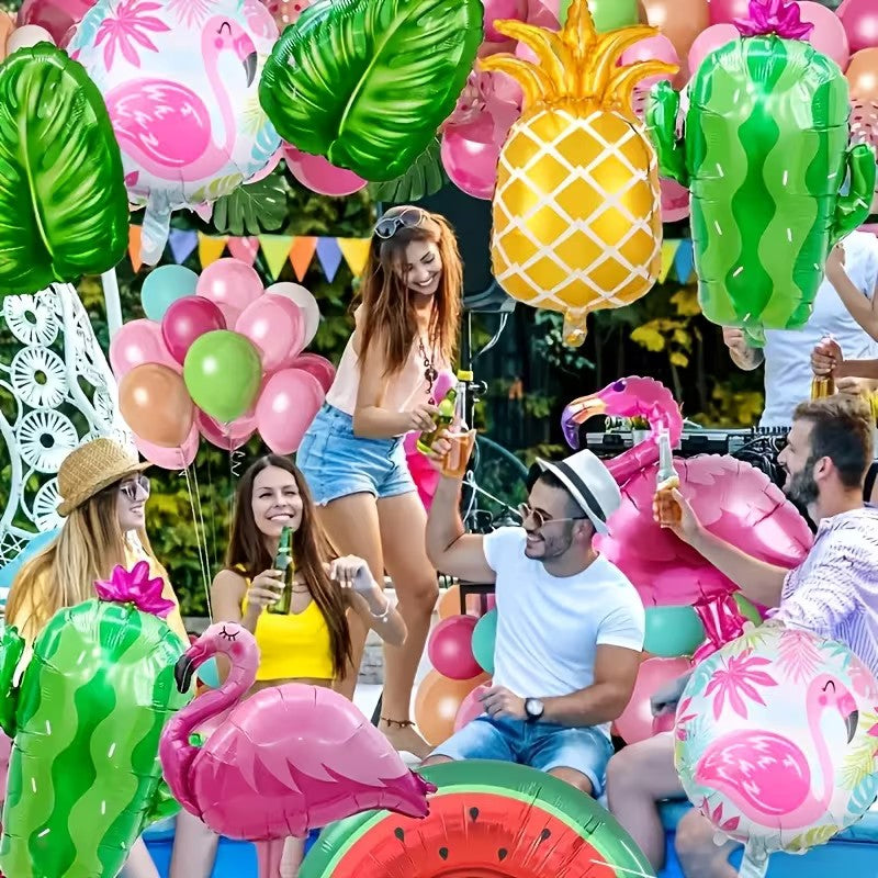 7pcs Hawaiian Pie Decoration Balloon Set, including oversized flamingo balloons, palm leaf pineapple watermelon balloons, Hawaii