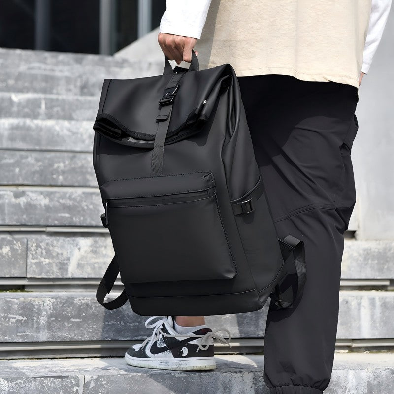 Mochila de Grande Capacidade - Mochila de Viagem e Deslocamento Preta Sólida Estilosa com Alças Ajustáveis, Vários Compartimentos, Mochila de Viagem