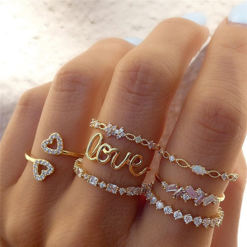 Conjunto de Anéis de Cristal Cor Prata para Mulheres, Anéis de Dedo de Zircônia Cúbica de Lua, Flecha, Flor, Coração, Joias Femininas da Moda