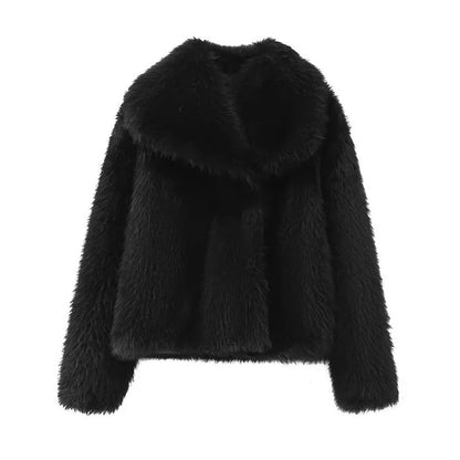 DUOPERI Women Fashion Winter Solid Thick Warm Faux Fur Coat Lapel Collar Long Sleeves Female Chic Lady Casual Outfits