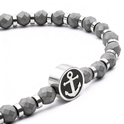 Pulseira Masculina Runda com Pingente Âncora em Hematita Preta Aço Inoxidável Ajustável 22cm Joia de Miçangas com Amuleto da Moda