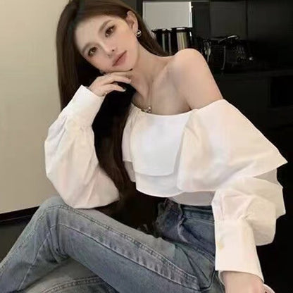 Vintage Ruffled Off Shoulder White Shirt for Women Fashion Long Sleeve Loose Elegant Blouse Women Slim Fit Casual Sexy Tops 8395
