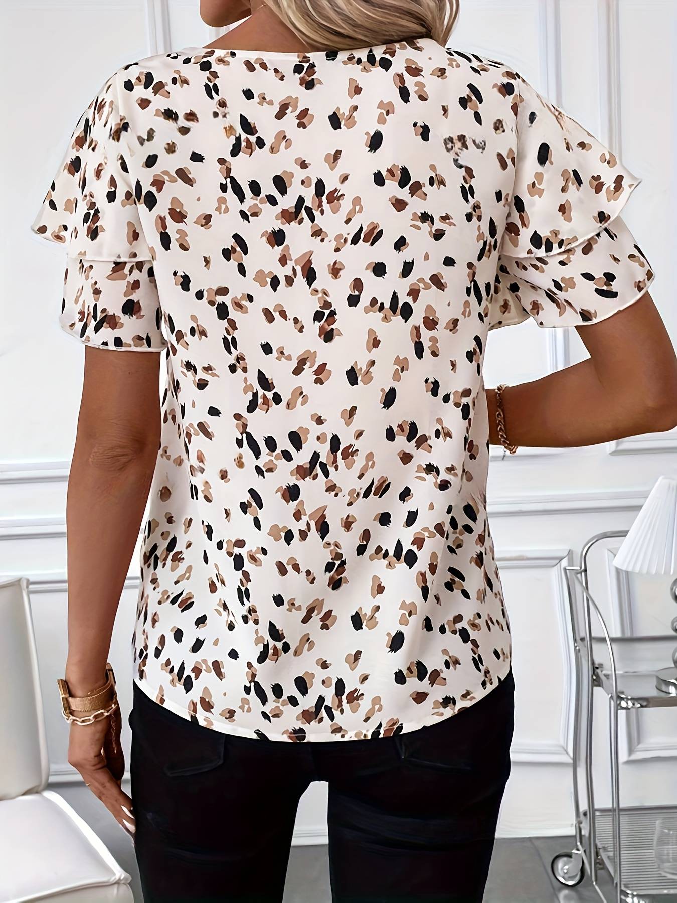 Summer Women Elegant Print Shirt Casual Fashion Vacation Crew Neck Ruffle Sleeve Tops Clothing