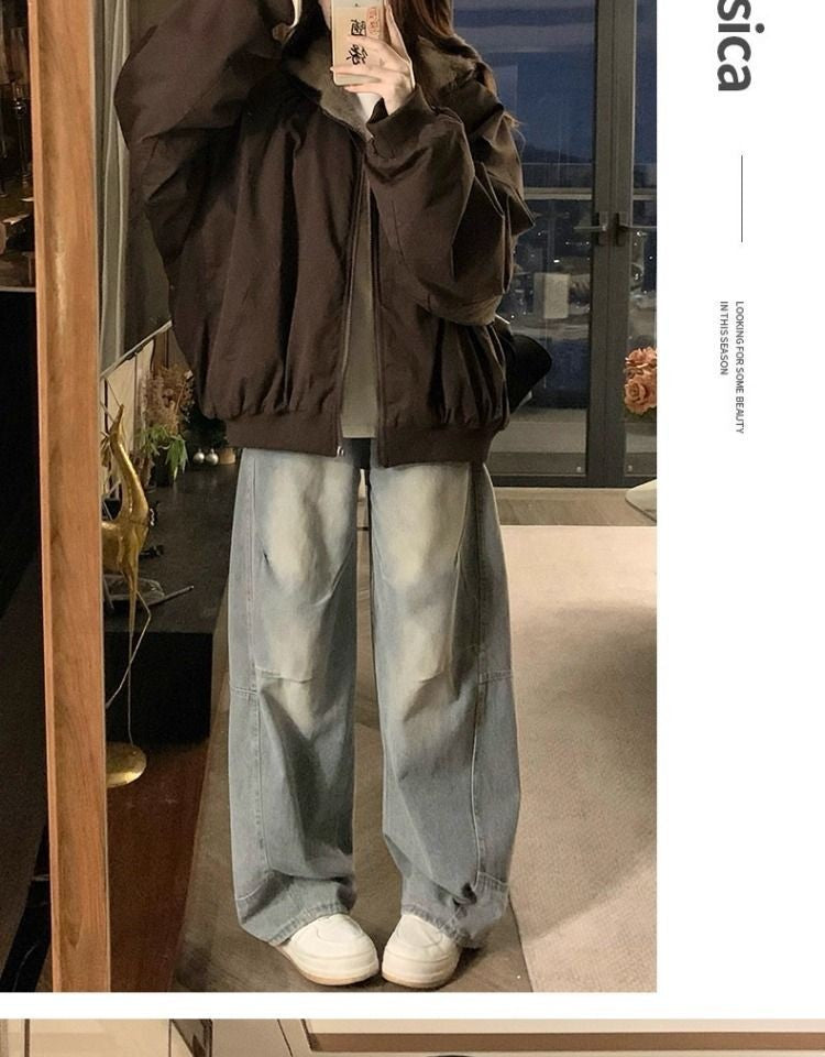 American Retro Reversible Velvet Zipper Hooded Jacket Women Winter Fashion Street Thick Loose Warm Harajuku Casual Plush Jacket