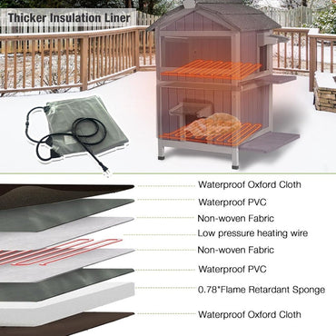 Casinha Aquecida para Gatos Externa 2 Andares Impermeável para Gatos de Rua com Portas de Fuga Tapete Aquecedor Removível para Inverno AIR94-He