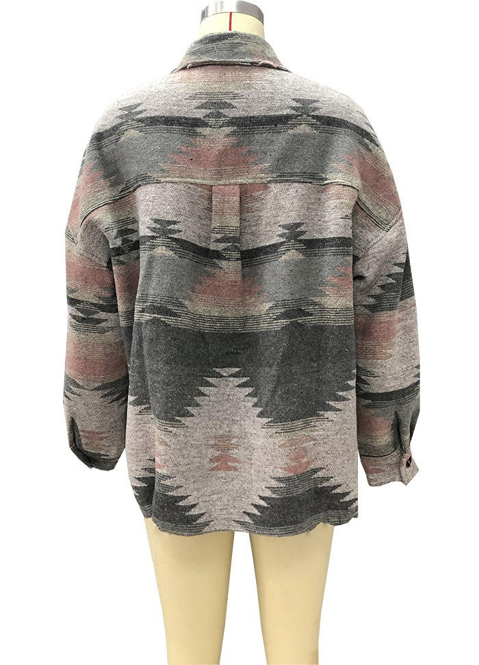 Vintage Jacket Women Splicing Loose Jacket Denim Print Aztec Retro Ethnic Style Long Sleeved Shirt Streetwear Female Goth Coat