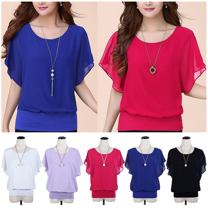 New Summer Women Blouse Female Short Batwing Sleeve Oversized Loose O-Neck Chiffon Shirt Plus Size Office Lady Elegant Tops Tees