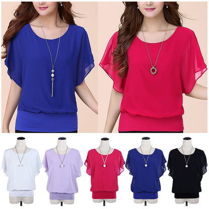 New Summer Women Blouse Female Short Batwing Sleeve Oversized Loose O-Neck Chiffon Shirt Plus Size Office Lady Elegant Tops Tees