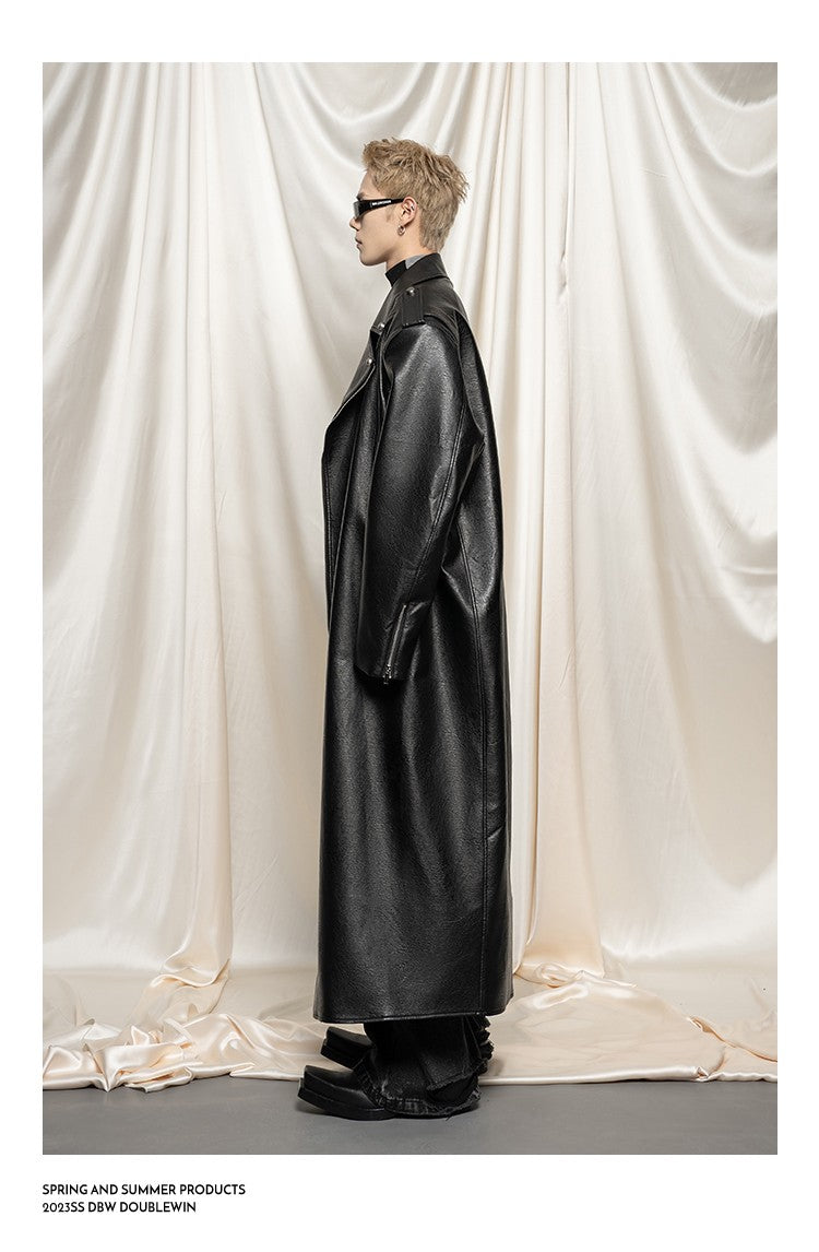 Mauroicardi Spring Autumn Oversized Cool Extra Long Black Pu Leather Trench Coat Men Zipper Loose Luxury European Fashion 2023