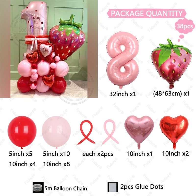 38pcs Strawberry Balloon Pink Number Birthday Balloon Set Fruit Theme Party Decoration Festival Balloon Photography Props