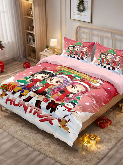 Conjunto de Colcha de Natal K-Pop Demon Hunters com Estampa Sem Lascas (3 Peças) para Quarto/Dormitório, Lavável à Máquina