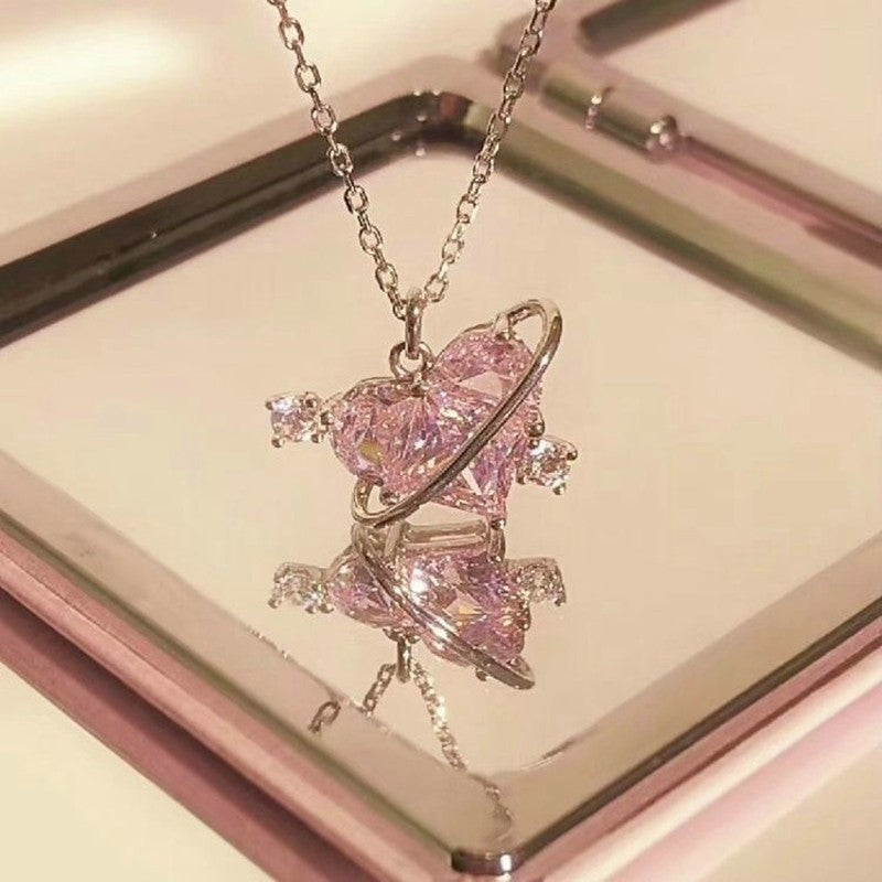 Colar de Coração de Zircônia Rosa Planeta da Moda Colar de Corrente de Clavícula Estética Feminina Presente de Dia dos Namorados Joias de Festa