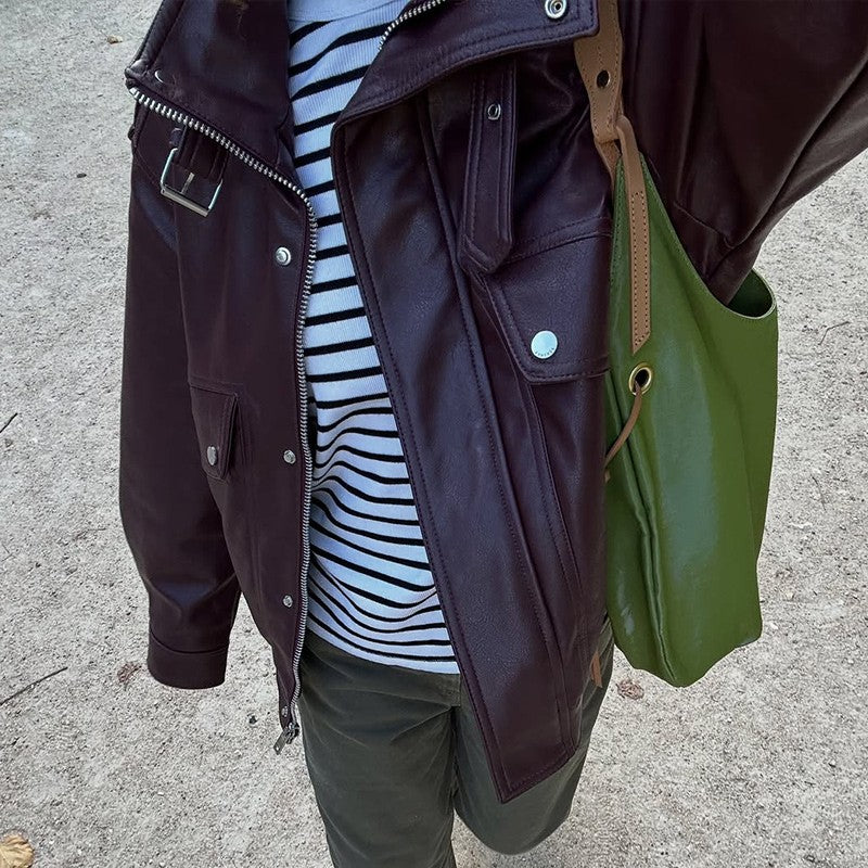 Fashion PU Leather Stand Up Coat for Women Casual Long Sleeve Zipper Lady Jackets 2025 Autumn New Female Outerwear High Street