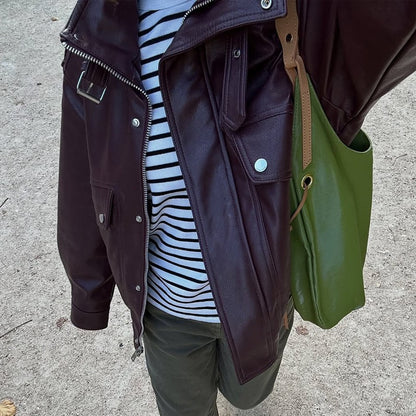 Fashion PU Leather Stand Up Coat for Women Casual Long Sleeve Zipper Lady Jackets 2025 Autumn New Female Outerwear High Street