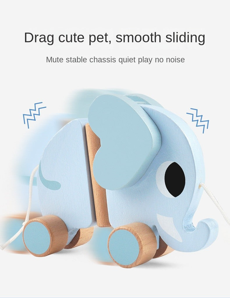 Wooden children's elephant pulling rope cart, towing toys, baby boy, baby girl toddler, children's gifts, early education toys