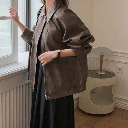 Sli Loose PU Leather Jaet Women's Chic Retro Collar Versatile BF Sle Motorcycle Clothes Trendy Long Sve Zipper