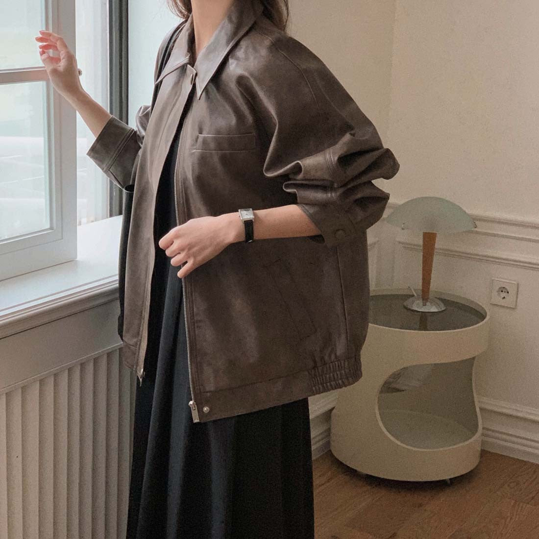 Sli Loose PU Leather Jaet Women's Chic Retro Collar Versatile BF Sle Motorcycle Clothes Trendy Long Sve Zipper