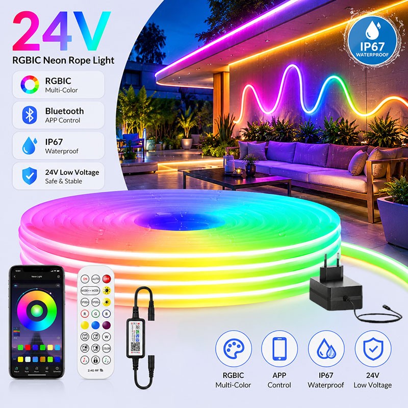 DC 24V 5-20M RGBIC Neon Rope Light, APP & Remote Control, Music Sync, Flexible Lamp Tape,Waterproof LED Strip for Indoor Outdoor