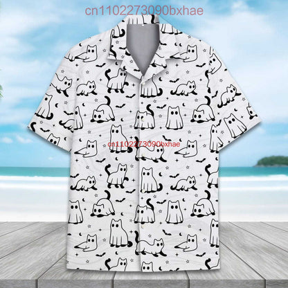 Cute Cowboy Ghost Hawaiian Shirt for Men Women Youth Funny Pumpkin Halloween Shirt Kawaii Spooky Spirit Button Down Party Shirt