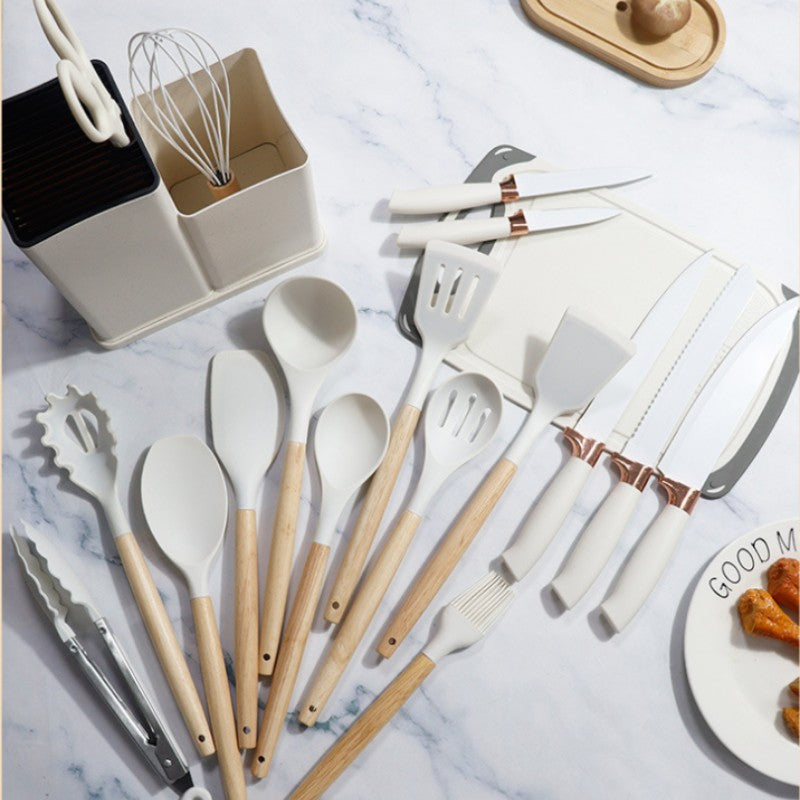 Conjunto de utensílios de cozinha de silicone, 19 peças com cabo de madeira, espátula, panela antiaderente e balde de armazenamento de facas multiuso integrado