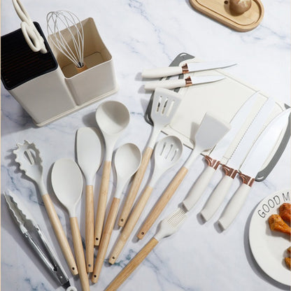Conjunto de utensílios de cozinha de silicone, 19 peças com cabo de madeira, espátula, panela antiaderente e balde de armazenamento de facas multiuso integrado
