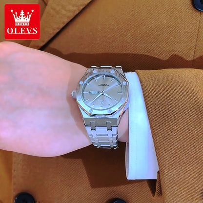 OLEVS Men's Watches Luxury Fashion Fine Steel Original Quartz Wristwatch for Man Waterproof Luminous Date Week Trend Dress 3726