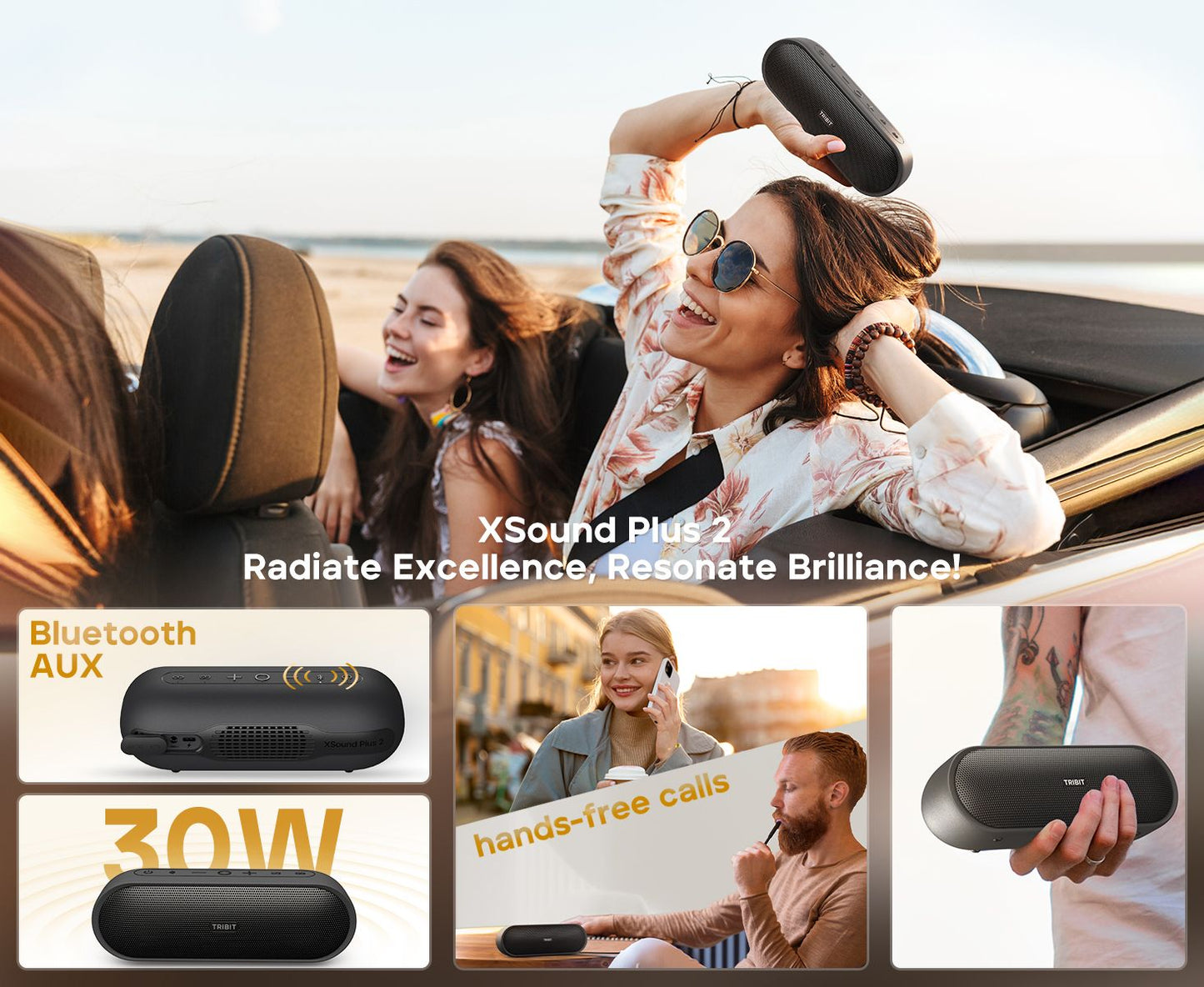 Caixa de Som Portátil Bluetooth TRIBIT XSound Plus 2, 30W de Potência, à Prova d'Água IPX7, Sem Fio, 24 horas de Reprodução Para Acampamento, Caminhada