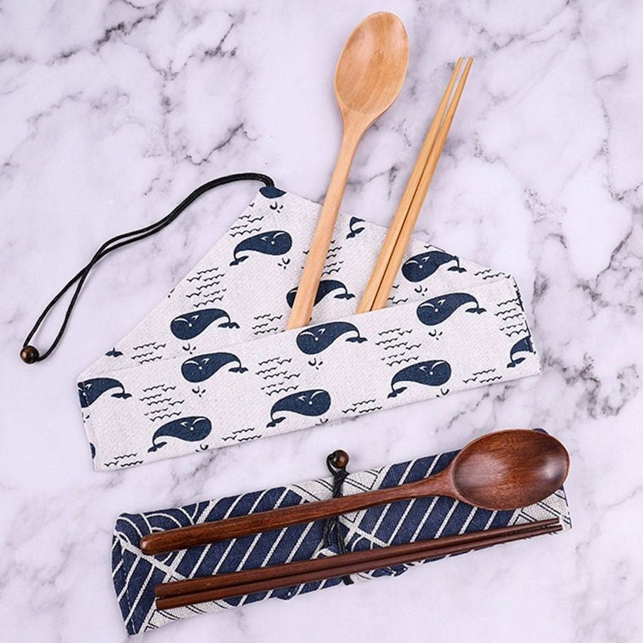 Conjunto de Talheres de Madeira Colher Garfo Cortador Reutilizável Madeira Bambu com Bolsa Portátil Louça Utensílios de Mesa Material para Almoço Estudantil