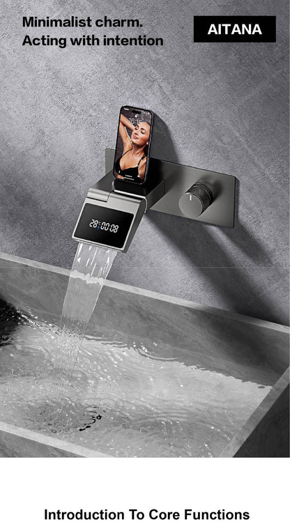 Torneira de banheiro de parede luxuosa de latão cinza chumbo com visor digital LED, misturador monocomando de água quente e fria embutido.