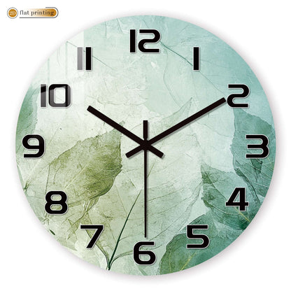 Fresh Green Leaf Print Wall Clock - Minimalist Botanical Pattern, Noiseless Sweeping Mechanism, Kitchen/Bathroom Decorative Time
