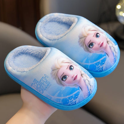 Autumn Winter Indoor Warm Kids Shoes Printed Elsa Princess Girls Cotton Slippers Cute Fashion Baby Children's Cottonslipper