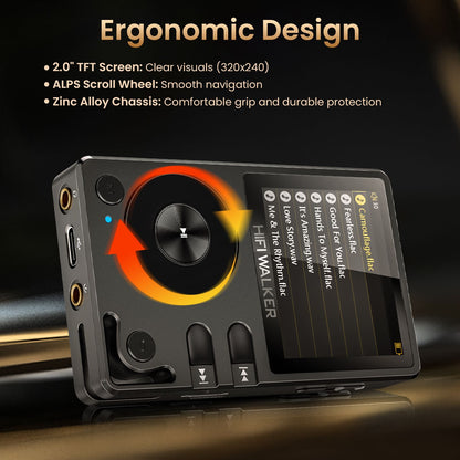 Hifi Walker H2 DAP HIFI Player, Dois Bluetooth 5.2, DAC FLAC DSD Sem Perdas, Expansível até 512GB, Reprodutor de Música Hi-Res com Tela de 2"