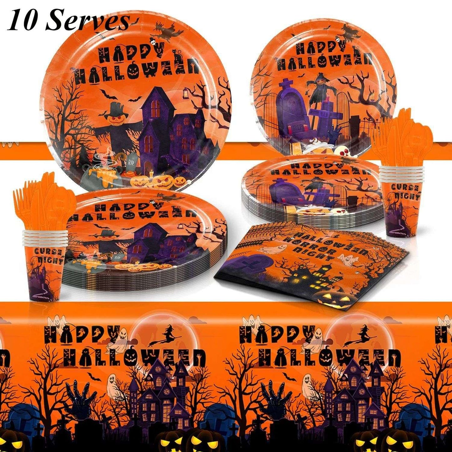 Conjunto de Louça de Festa de Halloween Pratos Festivos Guardanapos Toalha de Mesa Louça Descartável para 10/12 Convidados Decoração de Halloween