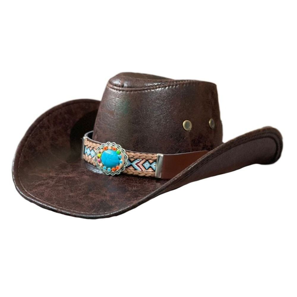 Simple PU Leather Western Cowboy Hat Big Brim Drawstring Sunscrean Bucket Cap Outdoor Travel Hat Hiking Hat Fisherman Hat Travel