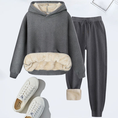 Winter Men Solid Thickened Lamb Velvet Hoodies Set Warm Fleece Sweatshirt Sweatpants 2pcs Thickened Casual Tracksuit