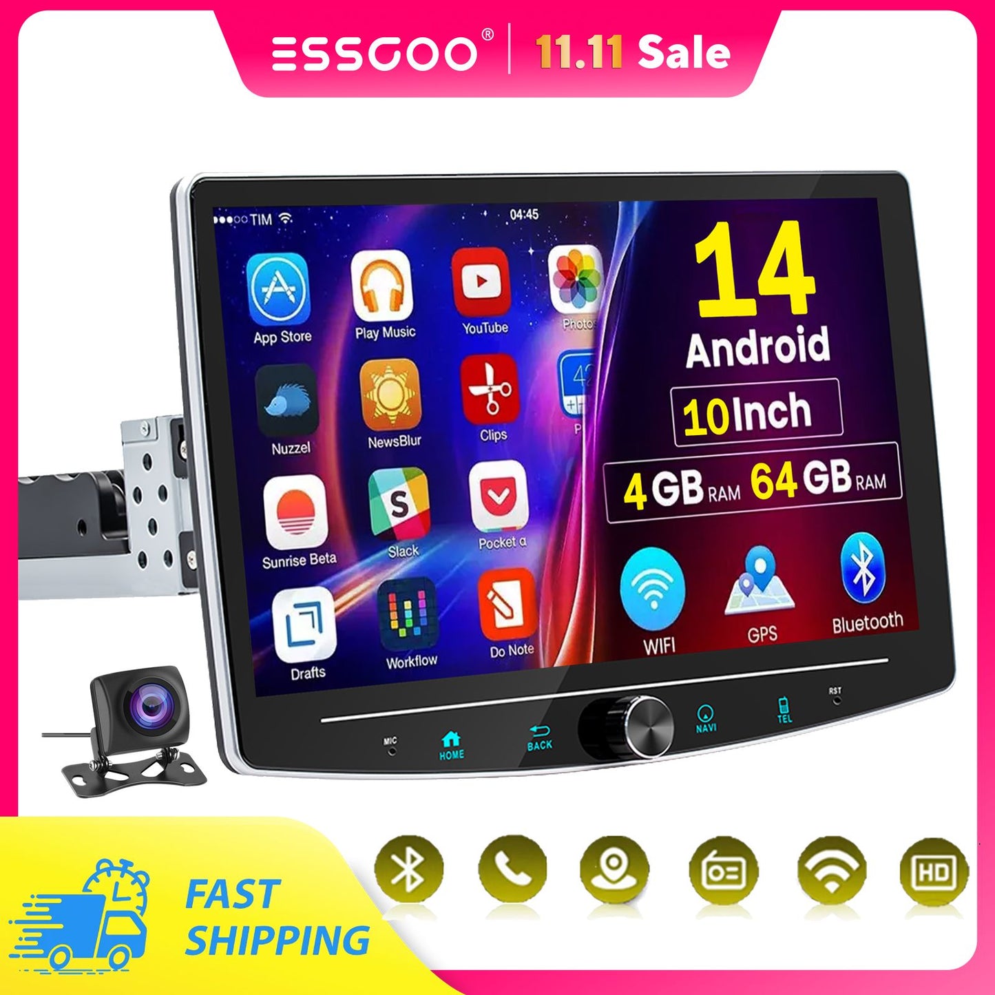 4+64GB Single 1 Din Android 14.0 10.1" Universal Wireless Carplay Rádio Estéreo Multimídia Automotivo GPS Navi WIFI Android Auto