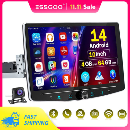 4+64GB Single 1 Din Android 14.0 10.1" Universal Wireless Carplay Rádio Estéreo Multimídia Automotivo GPS Navi WIFI Android Auto