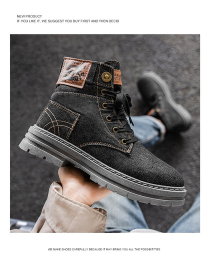 Retro blue men's denim boots, lace-up thick-soled boots, men's ankle boots, casual men's work shoes, Botas Hombre, size 48