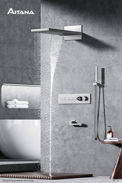 Luxury  black brass shower system wall-mounted LED digital display design Cold & hot dual-control 4-function ceiling shower Tap